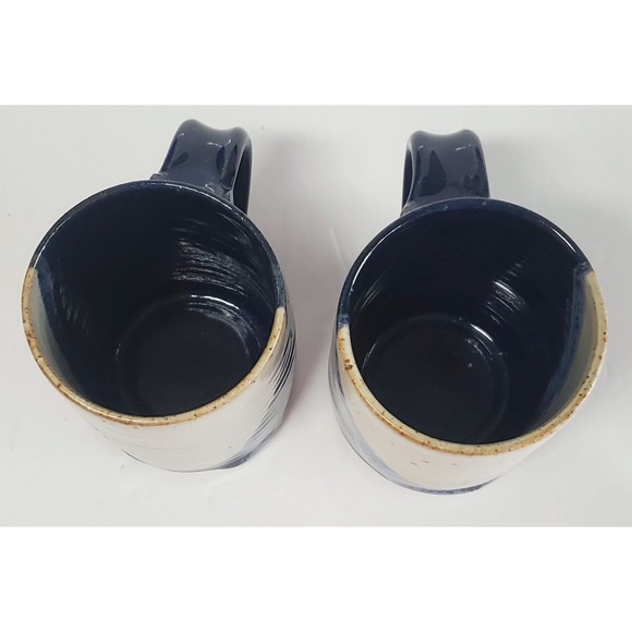 Beaver Creek Pottery Mug Set (2) Glazed Grey/Tan/Navy Drip Textured 4.625" Tall - Picture 6 of 9
